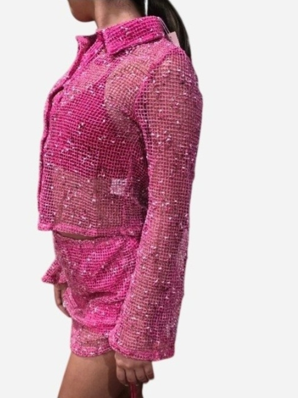 Hot Pink Knit Tweed Two-Piece Mini Set - Picture 3 of 5